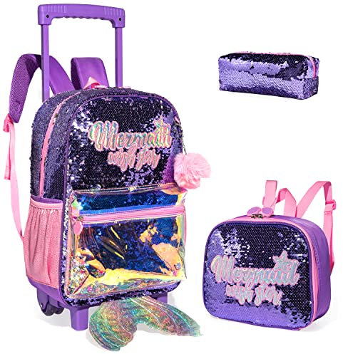 Egchescebo Zaino Trolley Scuola Elementare Bambina Ruote Regoli da Viaggio Carrello Porta per La Bimba Ragazza Sirena Seven Media Asilo Bambino Superiori Rotelle 16 3pcs Viola