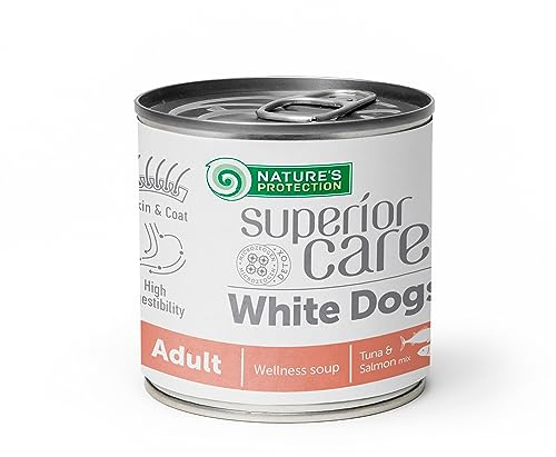 Nature's Protection Superior Care White Coat Soup Glutenfreies Nassfutter mit Lachs und Thunfisch für Hunde Aller Rassen mit weißem Fell Packung mit 6 Dosen (6 x 140ml.)