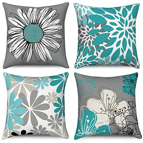 Hnmdmyi Kissenbezug Türkis 50x50 4er Set, Türkis und Grau Blumen Dekorative Kissenbezüge Modernes Gänseblümchen Bauernhaus Boho Leinen Kissenhülle für Sofa Couch Bett Garten Outdoor Home Decor