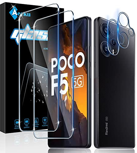 Aerku Protector de Pantalla para Poco F5 con Protector Cámara | 2x Cristal Templado & 2x Protector de Lente de Cámara, 9H Anti-Rayones, 0,33mm Ultrafino, HD 99,9%, Instalación Sin Burbujas