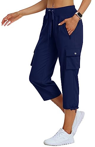MoFiz Pantalones Cargo Mujer Capri Pantalón 3/4 Largo Ligero Verano Outdoor Pantalones de Senderismo Transpirable con Bolsillo Cremallera Azul Marino XXL