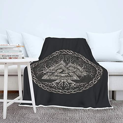 IUBBKI Erwachsene Kinder Decke Tagesdecke Decke Nordic Valknut Baum Kreis 3D Digital Reisedecke Korallenrot Fleece Sessel Decke Weiß 130x150cm