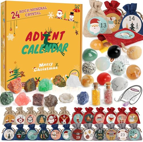 Edelstein Adventskalender 2025 Kinder, 24 Tage Kristalle Steine Weihnachtskalender Countdown Überraschungen, Natürlichen Edelsteine Kristalle Enthusiasten Sammeln für Kinder Jungen Mädchen Geologie
