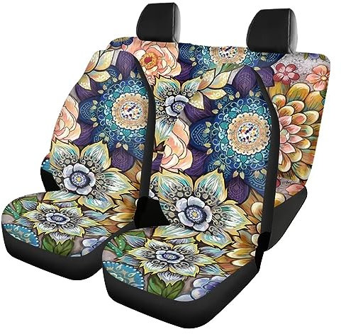 Belidome 4 Pcs Bohemian Bunte Blumen Auto Sitzbezüge Rücklehne Untere Bank Abdeckung, Einheitsgröße