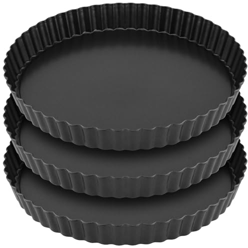 YUENPUN Lot de 3 plats à quiche, 22 cm, antiadhésifs, avec base amovible, en acier au carbone, pour la cuisson de pizzas, tartes aux fruits, gâteau au fromage
