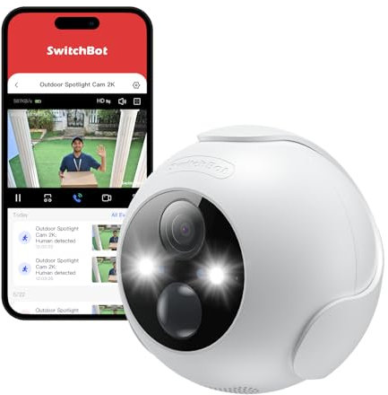 SwitchBot Caméra d'extérieur sans Fil 2K, Étanche, Batterie de 10000mAh, Vision Nocturne en Couleur, Détection IA de mouvements Humains/Animaux, Compatible Alexa, Double Stockage et Cloud 256Go