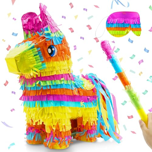 16 Cinco de Mayo Pinata, Large Rainbow Color Donkey Pinata 16 x 13 x 5.5 ln with Stick and Blindfold for Fiestas Mexican Party Decoration, Photo Prop, Taco Tuesday Event