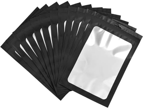 100 Sacchetti di Alluminio Riutilizzabili Impermeabili con Zip, Nero Mylar - Per Dolci, Gioielli, Caffè e Collezionabili - Design Piatto Con finestra trasparente (10x15cm)