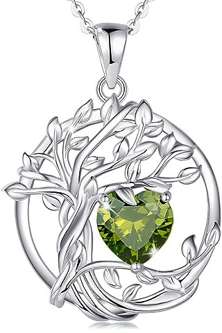 FANCIME Lebensbaum Peridot Kette für Damen 925 Sterling Silber Baum des Lebens Peridot Anhänger Halskette Schmuck Geschenke für Frauen Mädchen, Kettenlänge: 40+5 cm