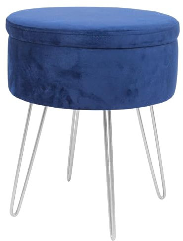 Harbour Housewares 1x Blau/Silber H45 x D36cm Runden Samt-Fußhocker mit Stauraum - Wohnzimmer Schminktisch Fußbank Ottomane Sitzpuff Stuhl Sitz