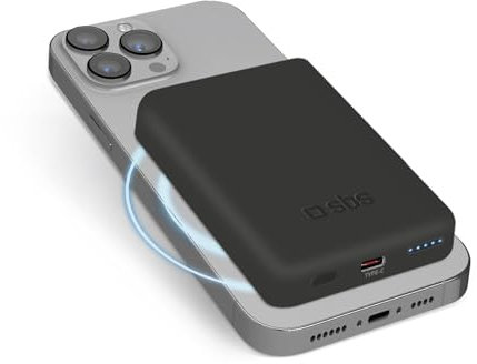 SBS Powerbank Akku-Pack 5000 mAh, kompatibel mit MagSafe, kabelloses Laden, USB-C-Anschluss, Status-LED, universell für iPhone, Samsung, Xiaomi, Oppo, schwarz