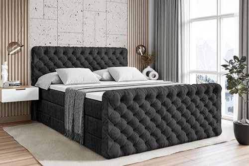 ALTDECOR Boxspringbett mit Matratze und Lattenrost, Topper, Fußteil,Polsterbett mit Bettkasten, Bett mit Stauraum H3- und H4- Matratze, Doppelbett - BOXI8-Z King - 200x200 - Schwarz Samt
