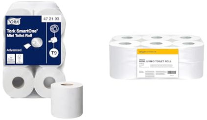 Tork SmartOne Mini Toilet Roll White T9, Advanced, 2-Ply, 12 x 620 Sheets, 472193 & AmazonCommercial 416647 2-Ply Mini Jumbo Toilet Roll, Unscented, White, 6684 Counts,(12 Pack of 557 Sheets)