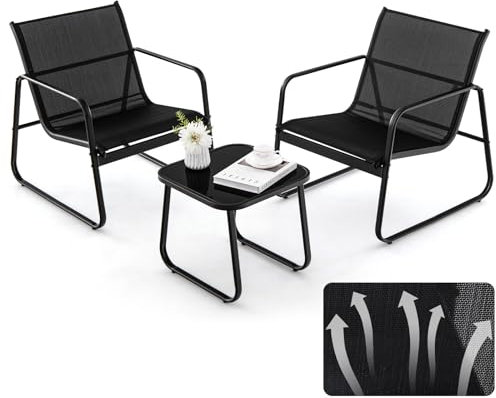 KOMFOTTEU Ensemble de Salon de Jardin 3 Pièces pour 2 Personnes, Mobilier d’Extérieur avec 2 Fauteuils et 1 Table Basse, Set de Meubles de Jardin, pour Cour, Patio, Balcon, Terrasse (Noir)