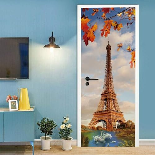 3D Türaufkleber Eiffelturm Schwan 80 X 200 Cm Türtapete Selbstklebend Türposter - Fototapete Türfolie Poster Tapete Meer Aufkleber Diy Selbstklebende Wandbild Pvc Wasserdichte Tapete - Türfoto 0