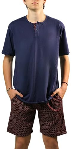 ARTIGIANI DEL PIGIAMA Pigiama Manica Corta Pantalone Corta 100% Cotone Modello Serafino e Pantaloni con Tasche 100% Made in Italy (IT, Testo, L, Regular, Regular, Blu Navy Pant. bordò)
