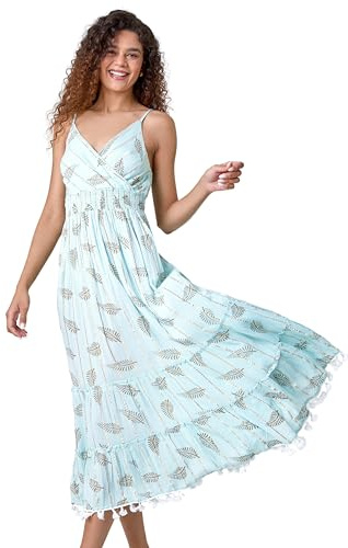 Roman Metallic Leaf Print Shirred Maxi Dress for Women UK - Ladies Spring Everyday Summer Holiday V-Neckline Comfy Sleeveless Soft Fit & Flare Frock Vacation Beach Gowns - Light Blue - Size 20
