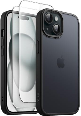 JETech 3 in 1 Matte Case for iPhone 15 6.1-Inch with 2-Pack Tempered Glass Screen Protector, Translucent Frosted Shockproof Phone Cover (Black)