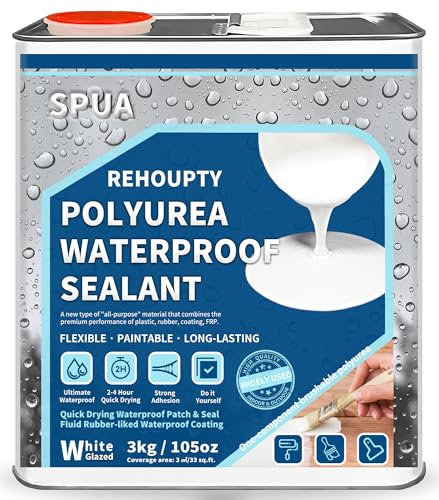 Dichtmasse Wasserdicht, REHOUPTY 3kg Wasserdichter Beschichtungsmittel, Polyharnstoff Flüssigkunststoff Abdichtung Innen & Außen Wasserfester Kleber für Kellerterrasse Dachabdichtung (Glasiert Weiß)