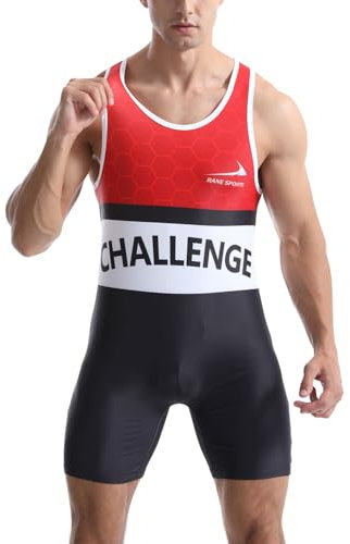 Rane Sports Herren-Ringeranzug, eng anliegende Sportbekleidung, einteilig, ärmellos, für Training und Fitnessstudio, Gewichtheben-Bodysuit Rot Weiß Schwarz M