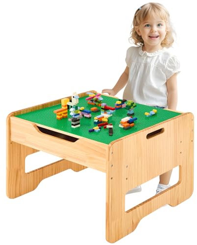 FUNLIO 2-in-1 Aktivitätstisch aus Massivholz für Kleinkinder ab 3 Jahren, Höhenverstellbar Kinderspieltisch mit 450 Bausteinen und großem Stauraum, Holzspieltisch für Spiel/Lernen, CPC Zertifiziert