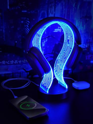 CoolGift Mart Beleuchteter Kopfhörerständer mit 16 Farbe Lichter, PCB-Muster Acryl Kopfhörer Stand mit 1 USB und 1 Typ-C Ladeanschlüsse, Geschenke für Gamer Männer und Musikliebhaber