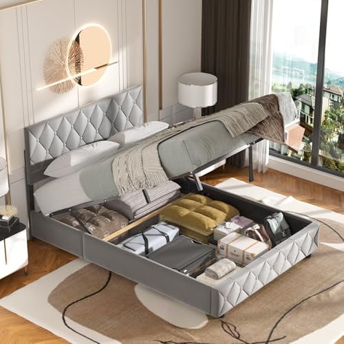 okwish Boxspringbett Polsterbett 140 x 190 cm mit Kopfteil in Knopfnahtverzierung, Hydraulisches Stauraumbett mit Bettkasten Stauraum, Doppelbett Jugendbett (Ohne Matratze)- Helllgrau