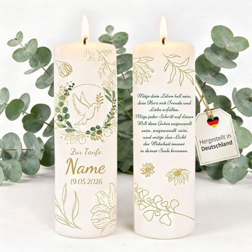 Kerze Taufe individuell mit Name und Zahl als Tischdeko. Tischdekoration Taufe als Geschenk. Brenndauer: 55 Stunden, Ø7,8 x Höhe 25cm