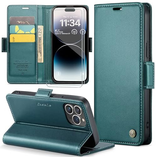 FERLAN Phone for iPhone 13 Mini Case,[2-Pack Tempered Glass Screen Protector] Leather Wallet Case, Flip Case with Card Holder and Magnetic Buckle, Leather Book Case, Green