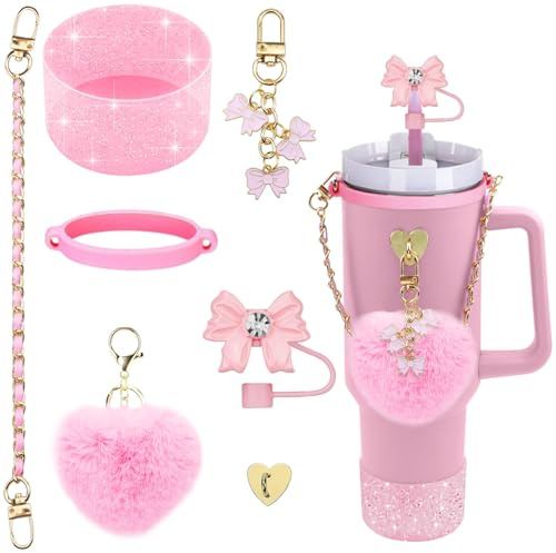 Stanley Cup Accessories for 40oz & 30oz Tumbler,include Bling Bowknot Straw Topper Cover Decoration, Heart Shape Pompom Ball,Leather Water Bottle Handle Strap,Shinning Stanley Cup Boot,Charms (Pink)