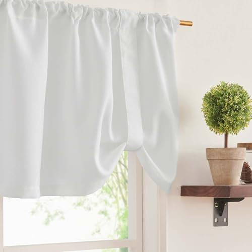 TOPICK Weiß 1 Schal 45Hx132B cm Tunnelzug Scheibengardine mit Raffbändern für Badezimmer Küche Klein Fenster Leinenoptik Halbtransparent Bistrogardine mit Tunnelzug
