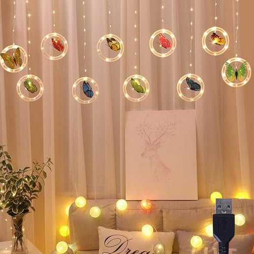 Skeadex Lichtervorhang Innen,5.5M 10 Stück Lichterkette Schmetterling USB Lichterketten Vorhang Wasserdicht IP44 Lichterkette Frühling LED Lichtervorhang mit Haken für Party Innen Frühlings Deko (A)