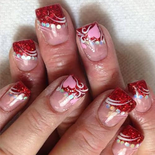 24pcs Short Square Valentine's Day Acrylic Nail Love Heart Design Nail Polish Nail Art Women Art