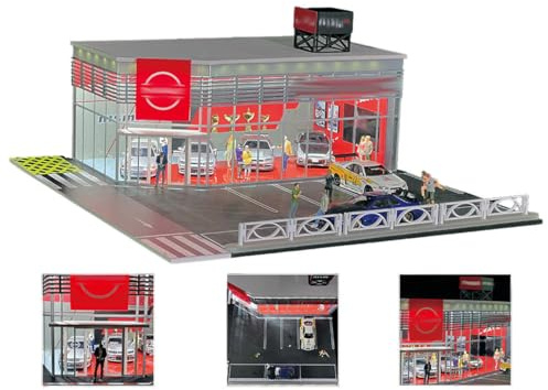 Kidaromo 1:64 Modello di Showroom di Auto Giapponese in Stile Miniatura, Scena Espositiva con Illuminazione, Porta Scorrevolmente & Zone di Parcheggio, Diorama Personalizzato per Collezionisti di Auto