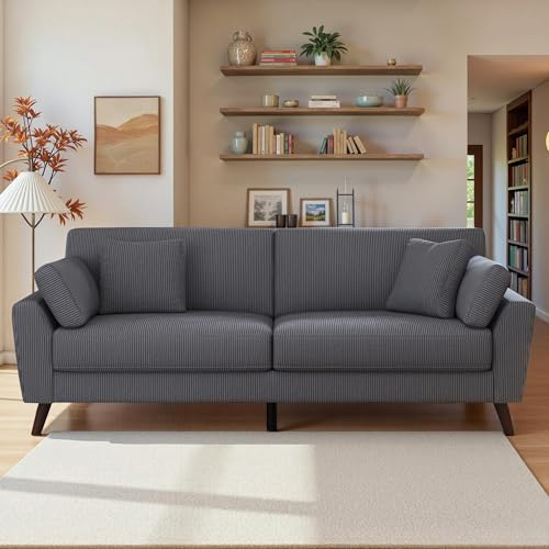 LUXOAK 220 cm 3-Sitzer Cord Sofa, Tiefsitz, hohe Beine, Sitzhöhe 48cm, Grau | 10 cm Federkernkissen, Weiche Rücken- & Armlehnen, Pflegeleichter Cordstoff, Walnussholz-Beine, Einfache Montage
