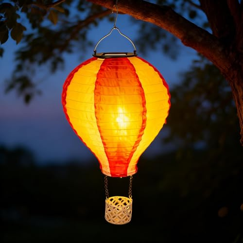 Solarlampen für Außen, Hängende Heißluftballon Solarlaterne, Gartenlaterne mit Flackernder Flamme, IP65 Wasserdicht Lampions Solarleuchten Gartendeko Solarlichter für Garten Balkon Terrassen (A)