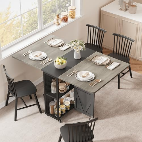 Jocoevol Esstisch Klappbar Küchentisch für 2-4 Personen, Klapptisch mit Trennwand und zweilagigem offenem Regal, Ausziehbar mit Rollen für Küche & Esszimmer, 120x60x76 cm, Eichenfarbe + Mattschwarz