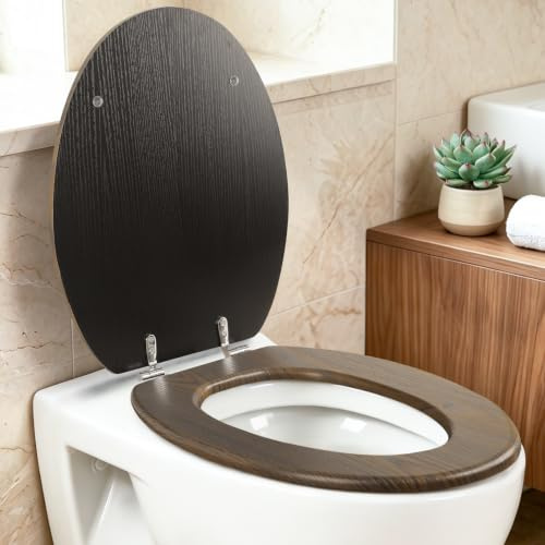 WDSHIYI Elongated Toilet Seat Molded Wood Toilet Seat with Aluminum Alloy Hinges, Easy to Install Also Easy to Clean, Anti-Pinch Wooden Toilet Seat, Elongated Dark Walnut