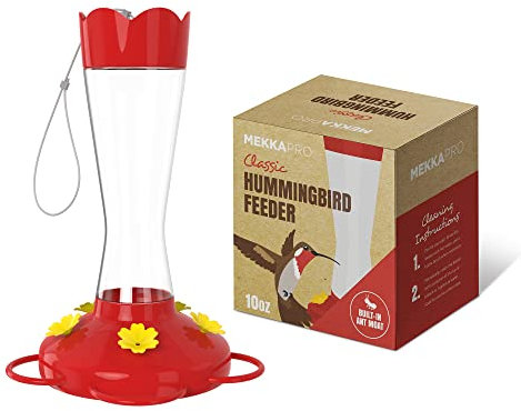 MEKKAPRO Kolibri-Futterstation für den Außenbereich aus Glas, Kolibri-Futterspender für den Außenbereich, hängend, Ameisen- und Bienensicher, mit 5 Nektar-Futterstationen, Hellrot,