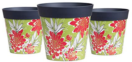 Hum Flowerpots Plant Pots, set of 3 grey green and red floral, colourful planters indoor/outdoor plastic pots 15cm x 15cm (14 designs available)