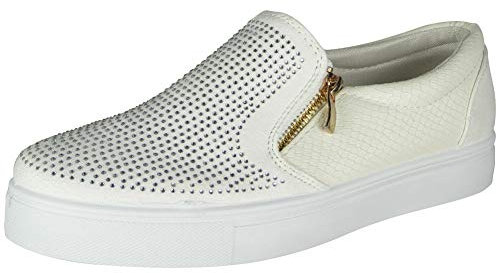 LoudLook Ladies Flat Trainers Womens Bling Zip Gym Sneakers Pumps Slip On Shoes Size 6 White