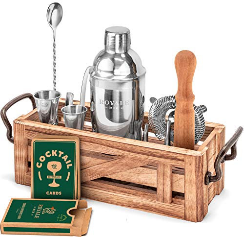 Mixology Bartender Kit with Wooden Stand - Great Housewarming Gift -12 Piece Bar Tools Set with Cocktail Kit Cards - Premium Bartending Kit for a Fun Bar Set - Stainless Steel Cocktail Shaker Set