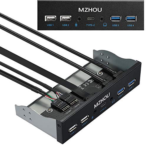 MZHOU USB2.0 + 3.0 Pannello Frontale in Metallo, Adattatore Pannello Frontale da 5,25 Pollici a 19 Pin, 4 Porte USB 3.0 Hub e (1 Porta Audio HD / 1 Interfaccia TPY-C / 1 Ingresso Microfono)