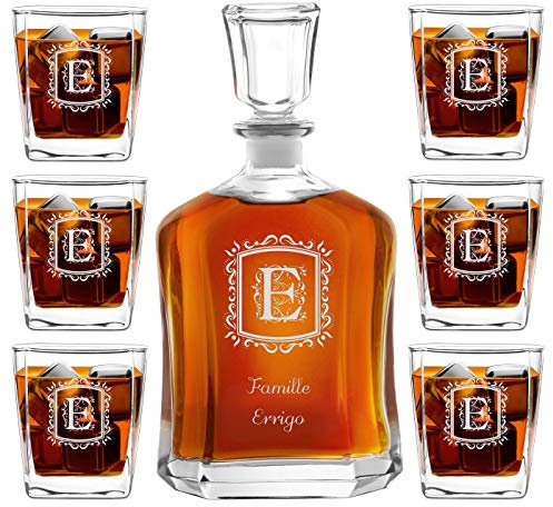 Maverton Ensemble de Carafe en Verre Personnalisé a Whisky Rhum Cognac Avec 6 Verres a Whisky Gravés Cadeau Personnalisé Couple - 700 ml Service Universel Verre a Whisky et Carafe - Lettre