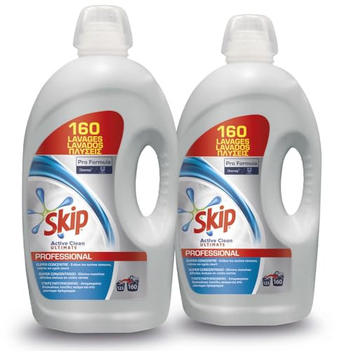 Unilever Skip Detergente profesional Active Clean Ultimate 320 lavados. Caja 2 garrafas 4.3L, Liquido, Sin residuos, Fresco