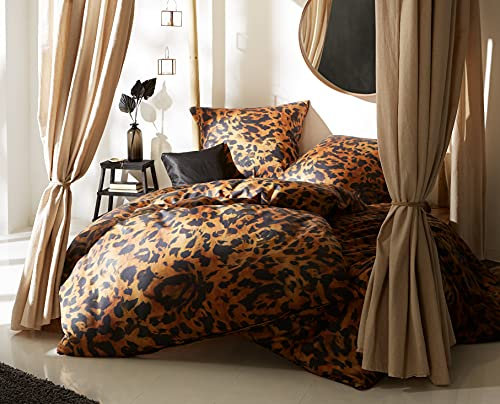 Bettwaesche-mit-Stil Mako Satin Bettwäsche Leopard braun (Garnitur 155x220 + 80x80 cm)