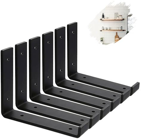 MLOQI 6 Pack Scaffold Board Shelf Brackets with Lips, 5mm Thick Heavy Duty L Wall Brackets for Shelves, Black Industrial Shelves Support (8x6/20cm x 15cm)