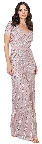 Maya Deluxe Women's Maxi Ladies Embellished Sequin Dress Long Short Sleeve V Neck High Empire Waist A Cut Shiny Prom Wedding Bridesmaid, Frosted Pink, 12
