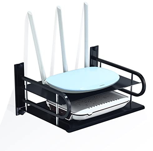 HNVNER Etagère Métal Murale pour Appareils Audiovisuels, Support Flottantes Étagères pour Routeur, Modem, Boîtier TV, Lecteurs Multimédias, Boîtier Sky, Console de Jeu (2 Niveaux, Petite)