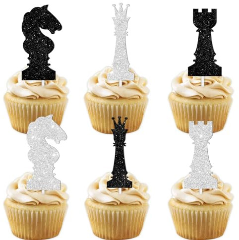 18pcs Black White Glitter International Chess Silhouettes Dessert Cupcake Topper Baby Shower Board Game Theme Decor Supplies Boys Girls Happy Birthday Decorations